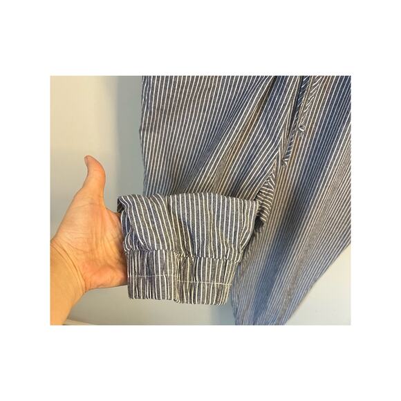 DREW Anthropologie Pin Stripe Blue Ivory Jumpsuit Pockets Criss Cross Back sz. M - Picture 5 of 7
